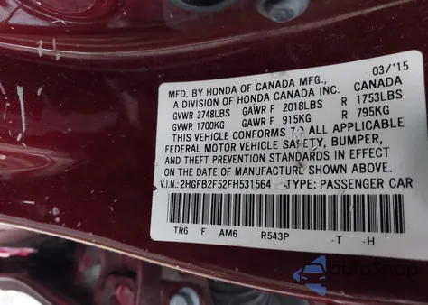 2015 Honda Civic Lx z USA, uszkodzony, nr VIN 2HGFB2F52FH531564